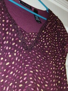Axcess Maroon Short Sleeve Scoop Neck Blouse with Pink and Mustard Dot Print